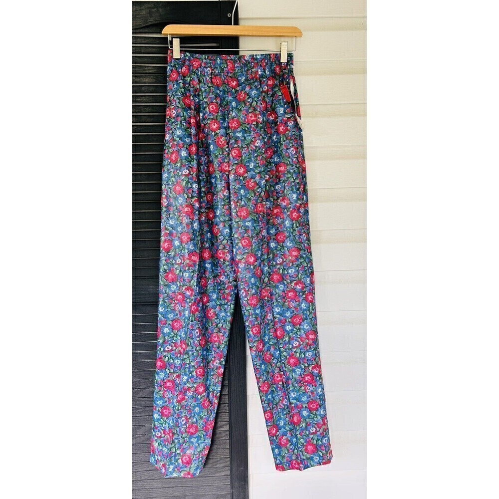 VTG 90s Womens Pull On Elastic Bright Pansy Floral Tapered  Pant Trouser Sz Sm